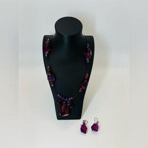 Vintage Statement Necklace & Earrings Set Purple Burgundy Faceted Beads